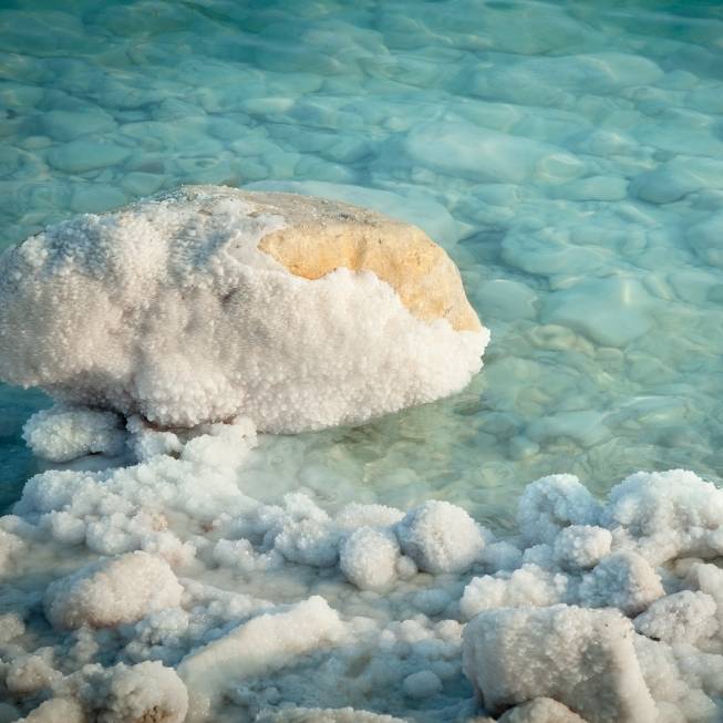 Salt formations in the Dead Sea at sunset