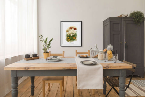 white button mushroom print in dining room