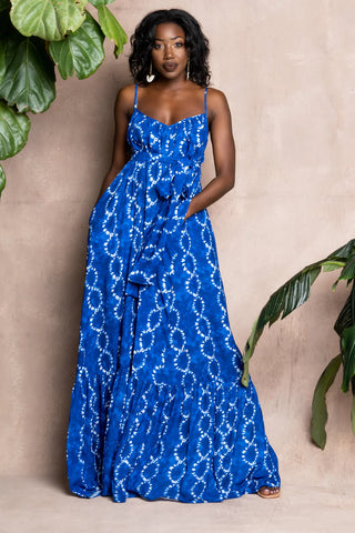 Woman wearing blue African Print Dress