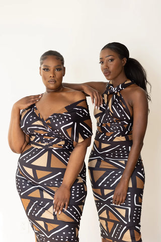 Models wearing tara african print infinity dress