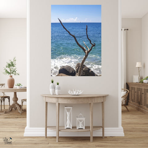 Hallway displaying art of old weathered wood on the beach large art home decor
