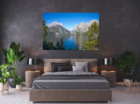 Jenny Lake art above bed on dark gray wall home decor