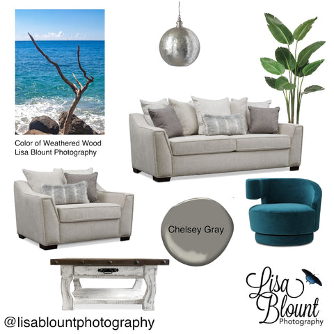 Beach themed mood board featuring weathered wood fine art photography wall decor