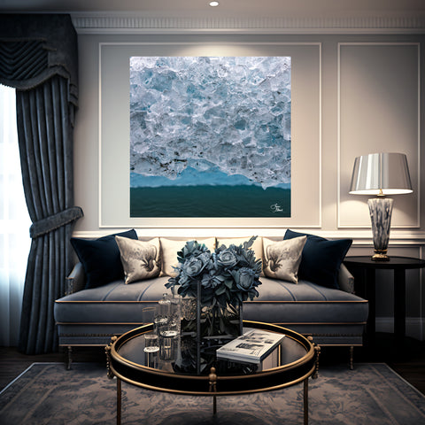 Luxury living room featuring large blue and teal macro art of frozen iceberg floating on Spencer Lake Alaska