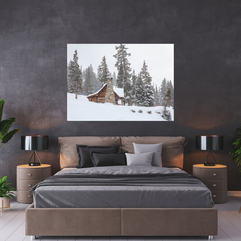Snowy Cabin fine art hanging in bedroom that is dark gray