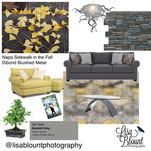 moodboard with art of yellow ginko leaves and gray accessories