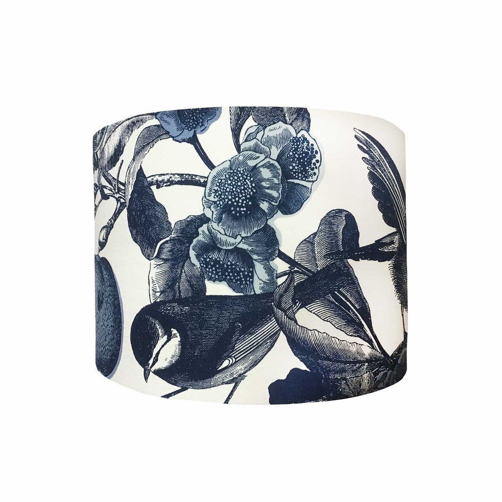 Drum Lamp Shade in a Design of the Small Birds we So Love, Drawn in a Dark Navy Colour Against a White Cotton Background, Side View - ZziniHome