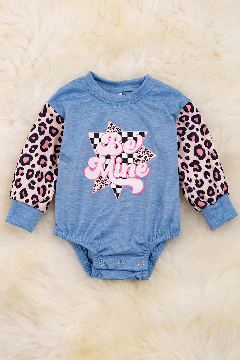 BE MINE" BLUE BABY ROMPER W/CHEETAH PRINTED SLEEVES.