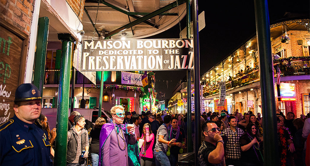 New Orleans Mardi Gras people dressed up with drinks in hand mischa blog