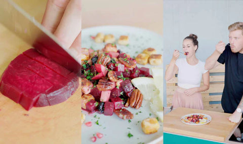 Collage verschiedener Speisen und eine Person beim Verkosten, einschließlich Granatapfel und rote Beete, fokussiert auf das Schälen und Zubereiten.