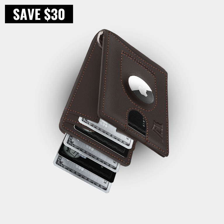 Brown leather wallet with credit card slots and an AirTag holder. Text reads 'SAVE $30.'