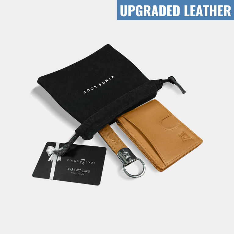 Leather wallet with keychain and gift card on pouch with 'Upgraded Leather' text overlay.