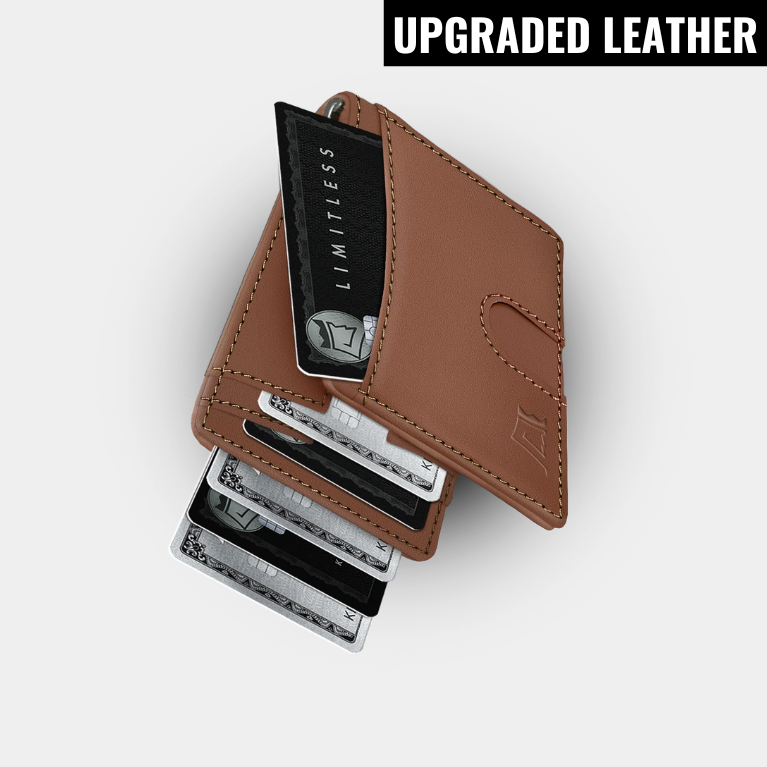 Brown leather wallet with multiple visible cards, labeled 'UPGRADED LEATHER.'