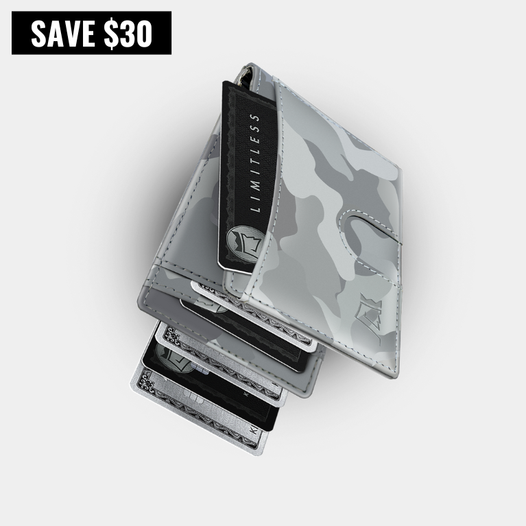 Gray camouflage wallet displaying several credit cards, with 'SAVE $30' text.