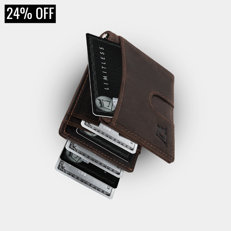 Leather wallet with cards and '24% OFF' promotion label.