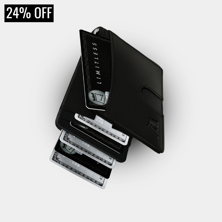 Black leather wallet with cards and '24% OFF' discount badge displayed.