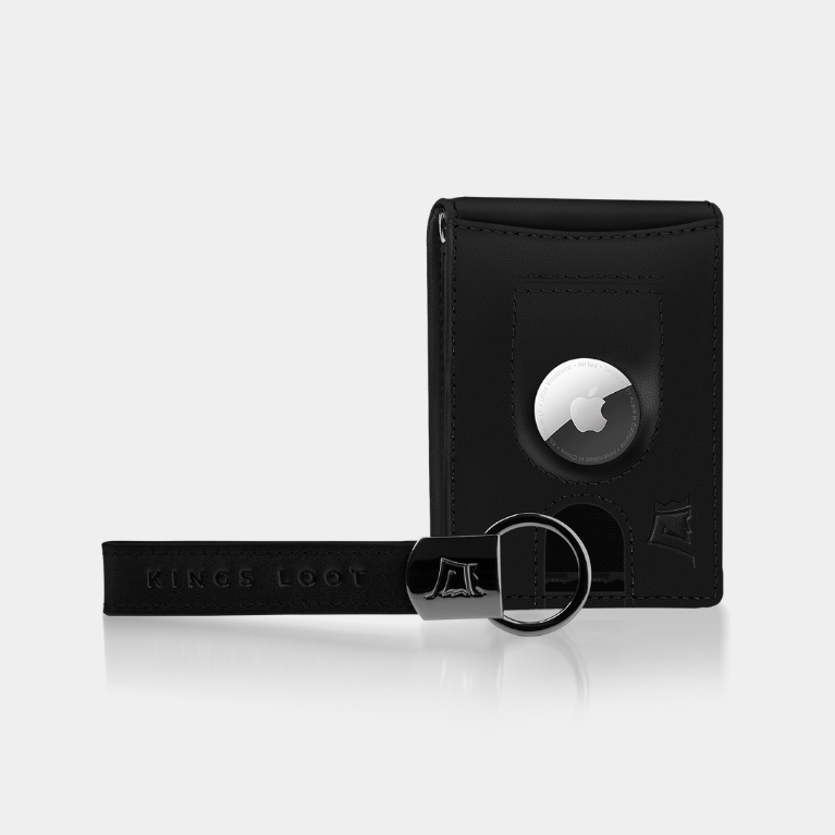 Black wallet and keychain with an attached Apple AirTag.