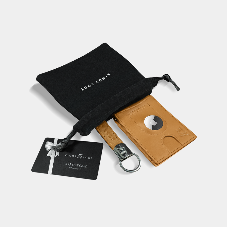 A leather wallet with a key ring attached, a gift card, and a black drawstring pouch on a white background.