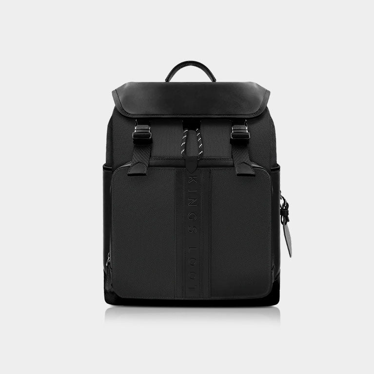 A black backpack with sleek design and prominent branding on a white background.