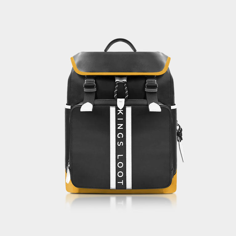 Black and yellow backpack with 'KINGS LOOT' text, isolated on white background.