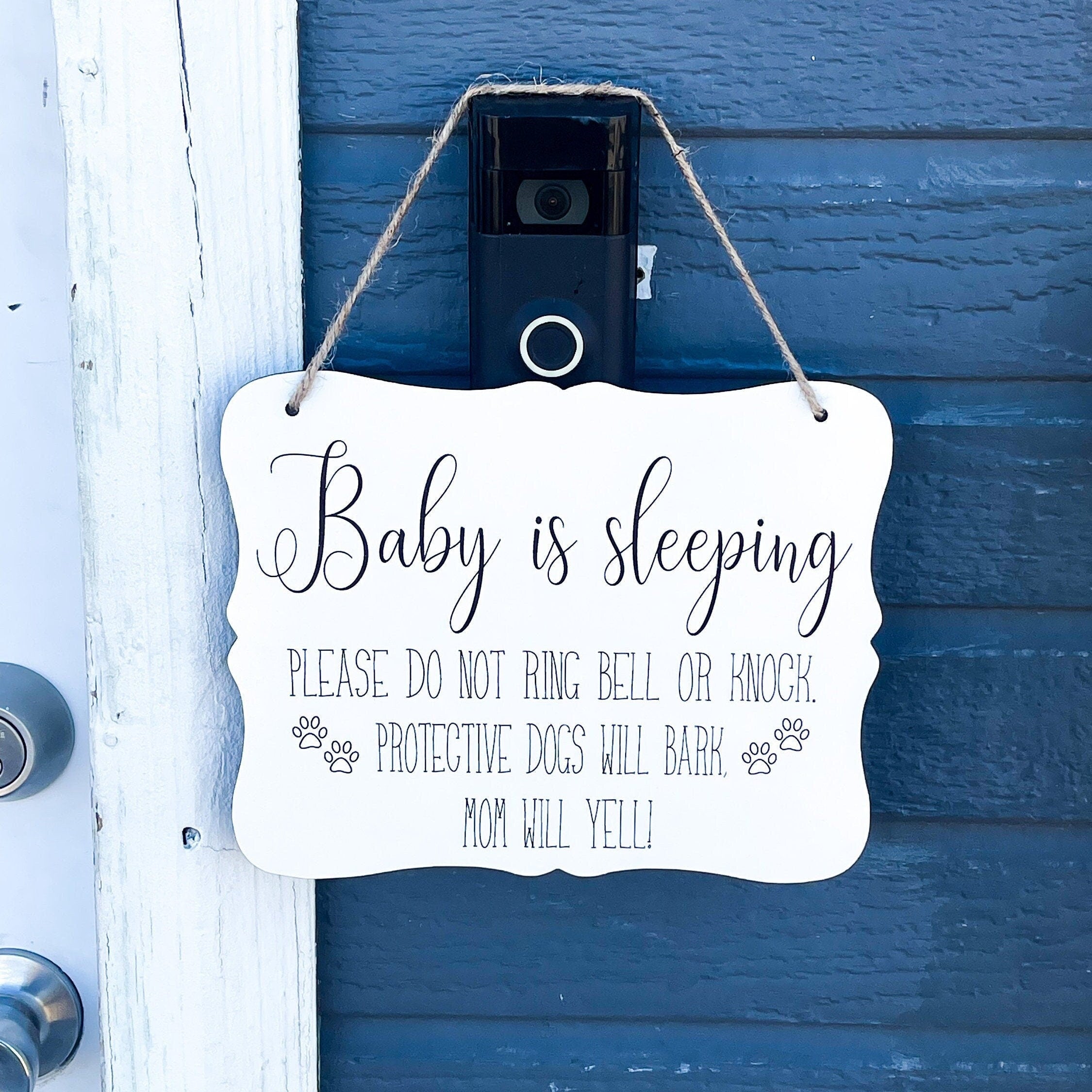 Sh Baby is sleeping hanging front door sign / Outdoor porch do not knock sign / Protective dogs will bark baby will wake / New mom gift