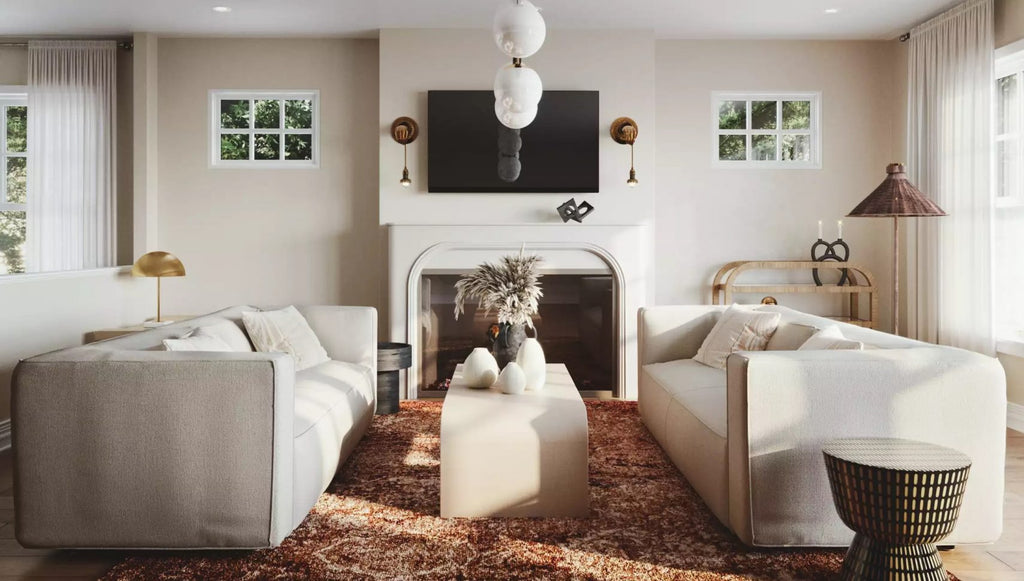 Neutral living room with comfy sofas and a beautiful rug
