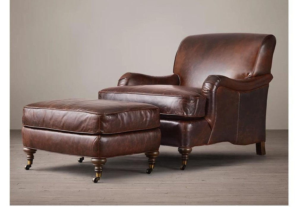 Grandpa armchair in dark brown leather with matching ottoman