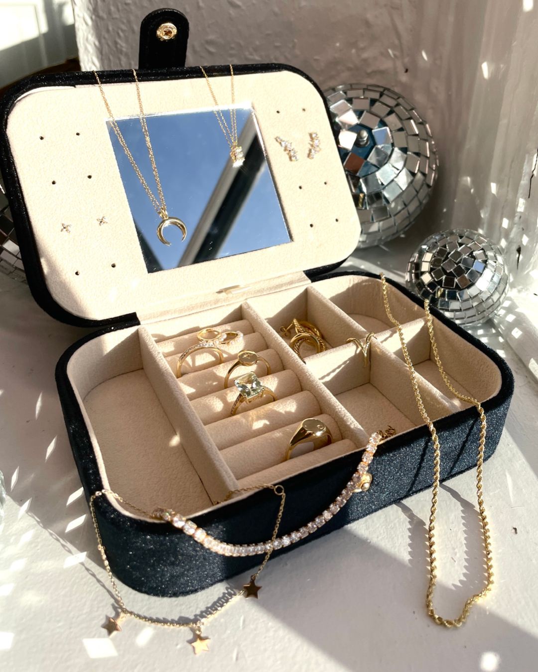 Luxury Velvet Jewellery Case with Compact Mirror - Tadgh O Flynn Jewellers