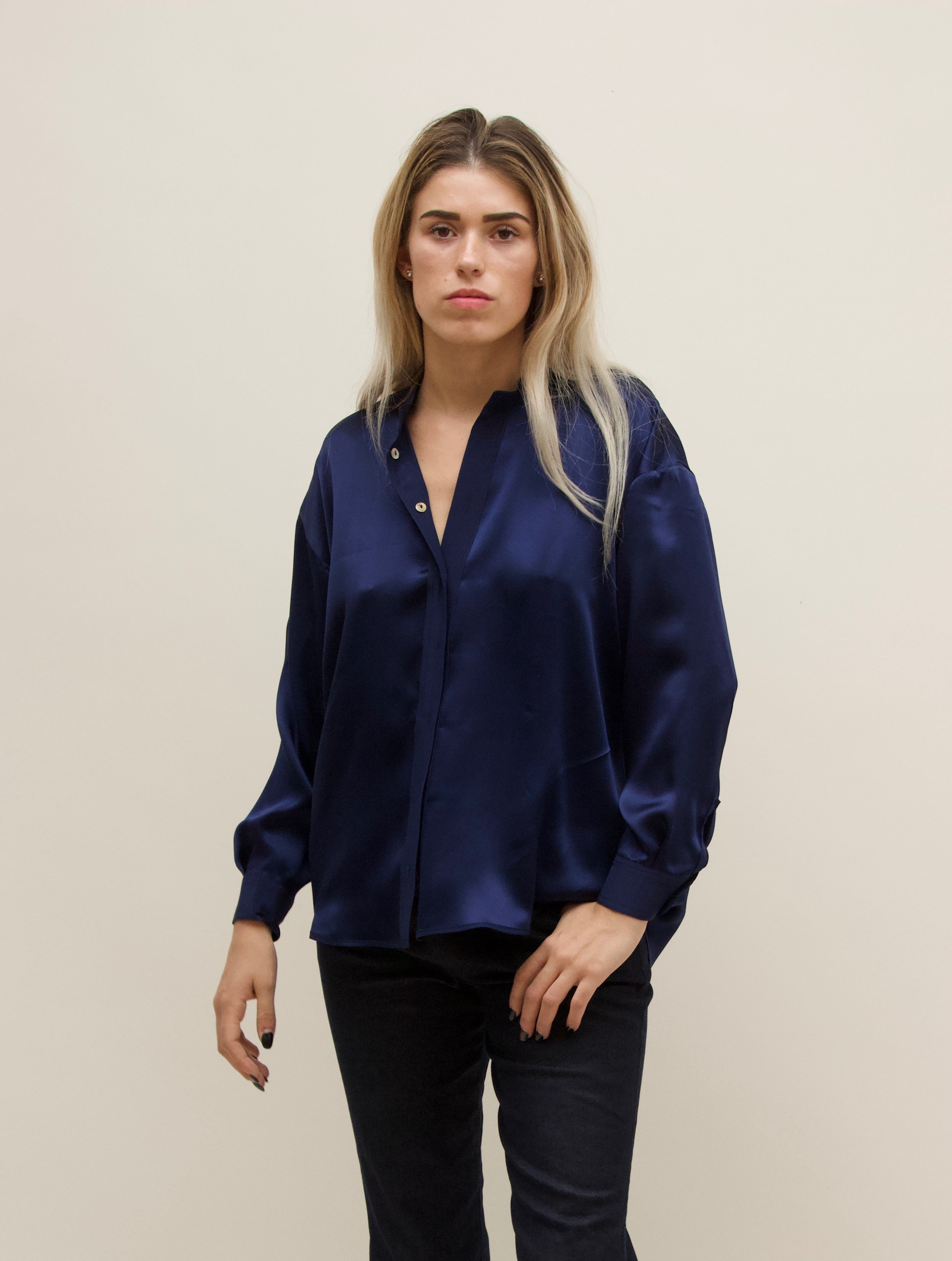 Silk Charmeuse Fallon Shirt, Indigo. – Daryl K