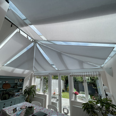 Custom made bespoke made to measure conservatory roof shade sail blind made in the UK, free installation, Clara Shade Sails