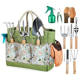 Grenebo Gardening Tools, 9-Piece Heavy Duty Gardening Hand Tools with Fashion and Durable Garden Tools Organizer Handbag, Rust-Proof Garden Tool Set, Ideal Gardening Gifts