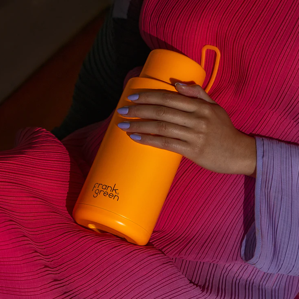 Frank Green Ceramic Reusable Bottle with Straw Lid & Strap 34oz Neon Orange