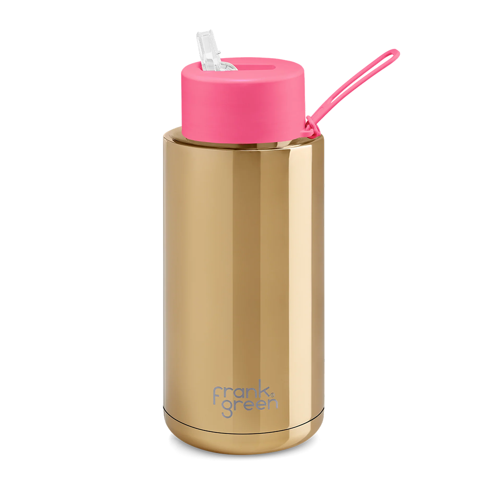 Frank Green Ceramic Reusable Bottle Chrome Straw Lid and Strap 34oz Gold with Neon Pink