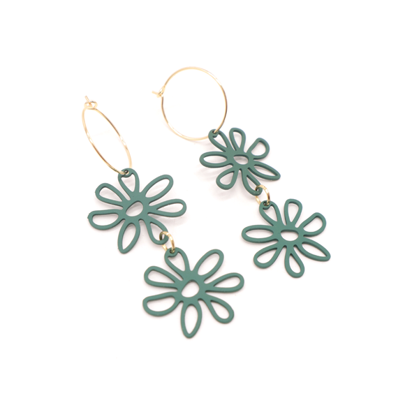 Penny Foggo Earrings Double Daisy Drop Green Gold