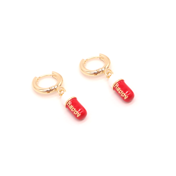 Penny Foggo Earrings Huggies Happy Pill Red Gold