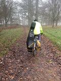 Bicycle pannier for carrying guitars, cellos, rucksacks, surfboards, wheelie bags and other large objects. Airpannier.