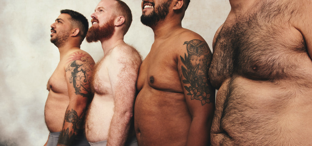 Self-confident men embracing their natural bodies.