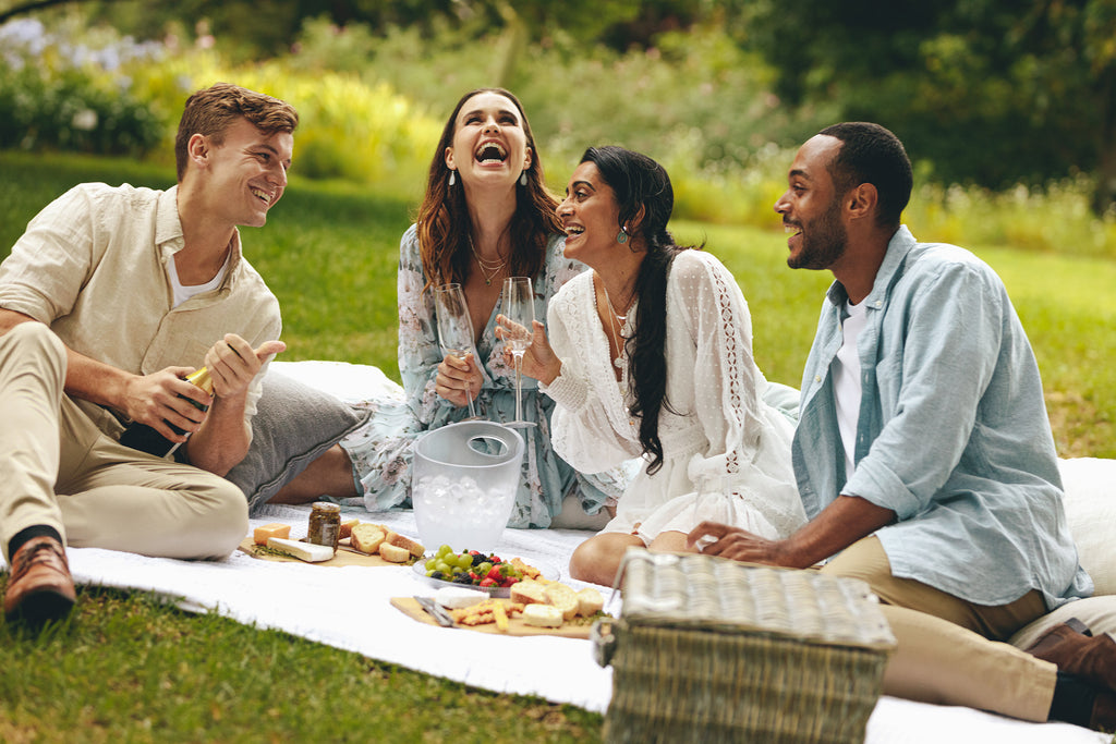 Stock photo of friends enjoying a luxury picnic