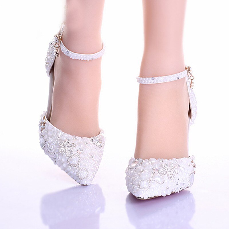 Snow White Elegant Pearl Wedding Shoes Party Prom Platform High Heels Event Pumps Women Shoes 