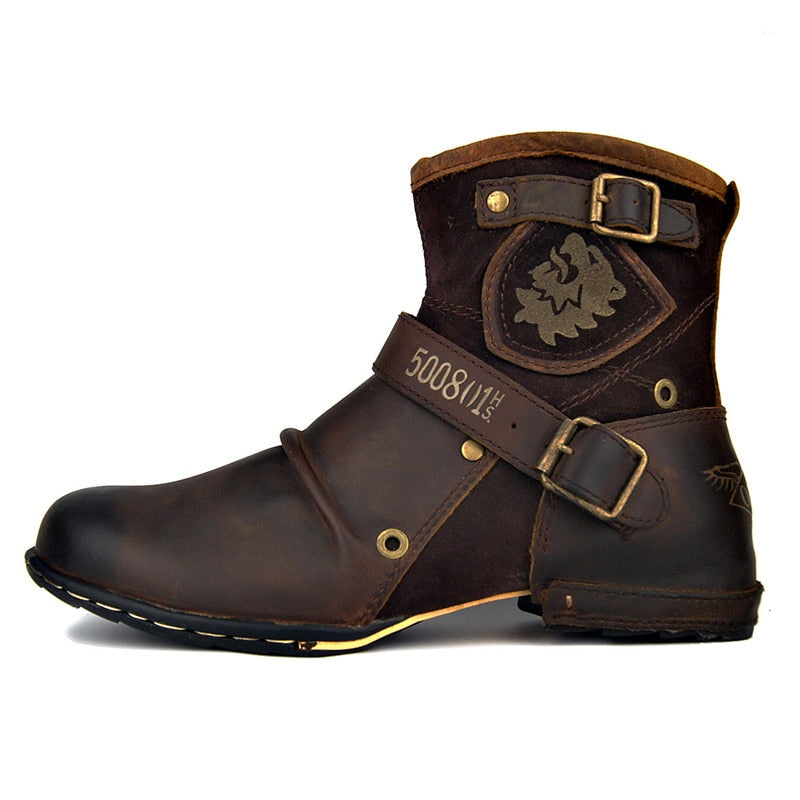 Retro genuine leather buckle strap wedge cowboy Boots handmade big toe ...