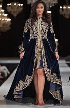 Load image into Gallery viewer, Navy Blue Lace Beaded  Arabic Caftans Evening Dresses High Neck Velvet Prom Dresses Long Sleeves Formal Party gown - LiveTrendsX
