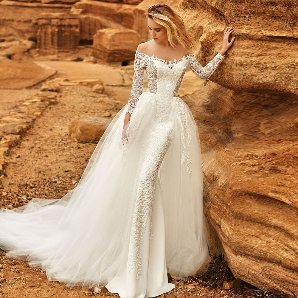Long Sleeve Lace Mermaid Wedding Dresses With Removable Tail Vestido De ...