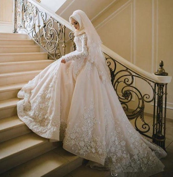 Luxury Muslim Arabic Wedding Dresses 2021 Long Sleeve Full Lace 3D ...