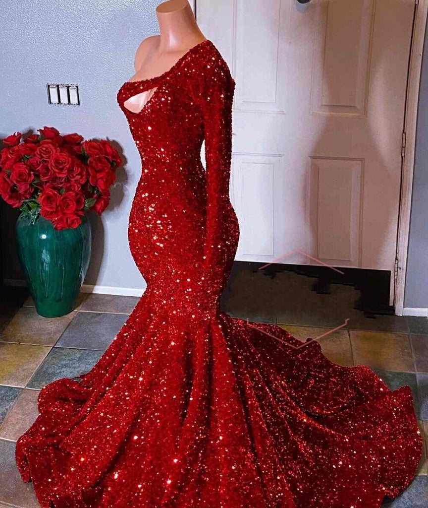 Red Sequin Mermaid Prom Dresses For Black Girls Plus Size One Shoulder 7930