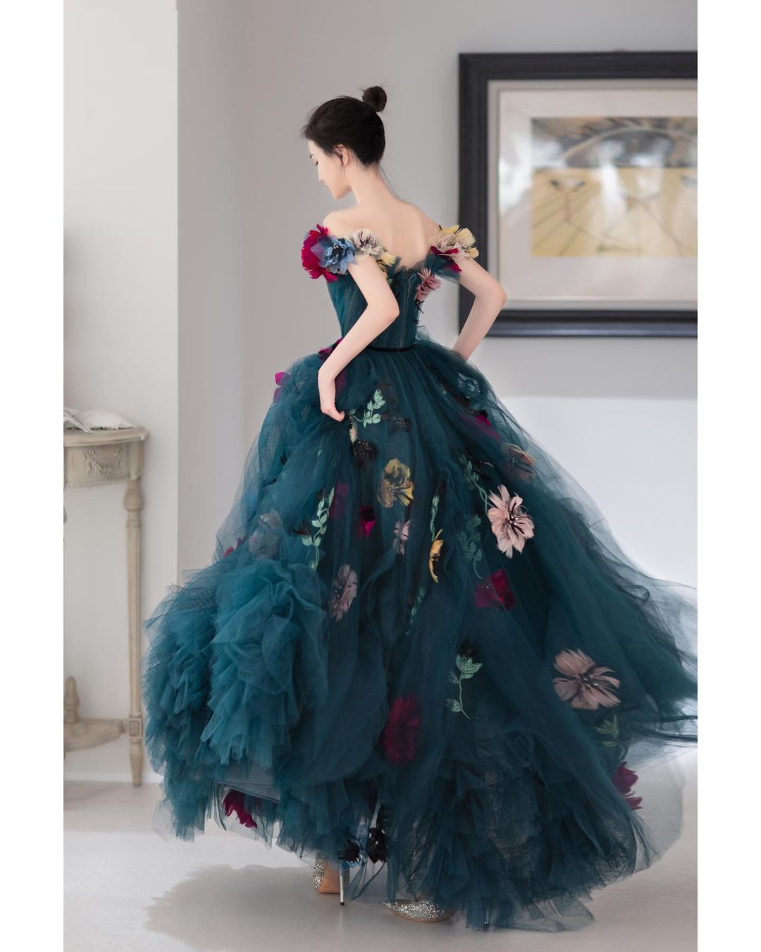 Dark Blue Sweetheart Tulle Dress Lush A-Line Floral Dresses 3D ...
