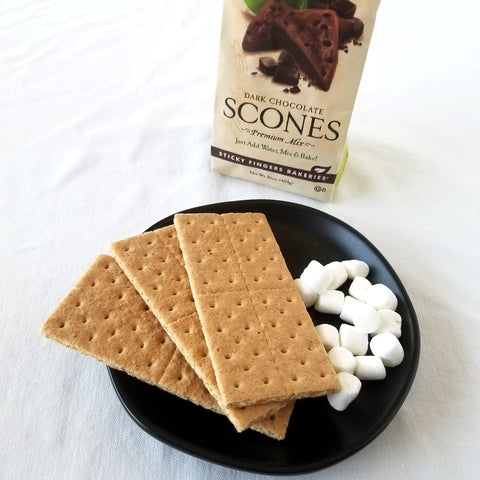 Dark Chocolate Scone Mix, Marshmallows, and graham crackers on a plate