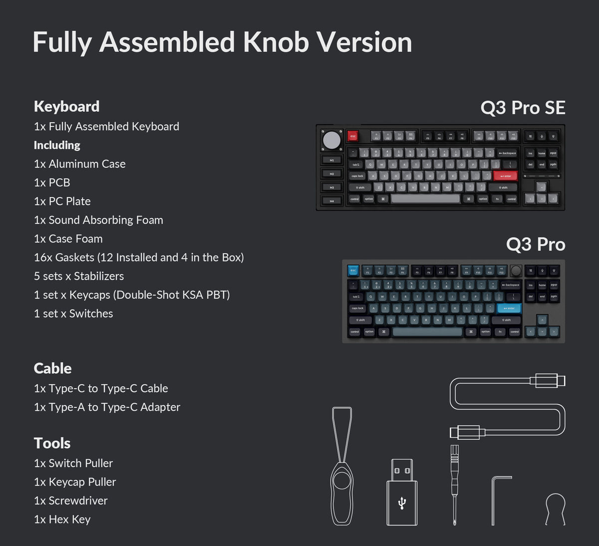 Package list of the Keychron Q3 Pro QMK/VIA 80% layout wireless custom mechanical keyboard fully assembled knob version