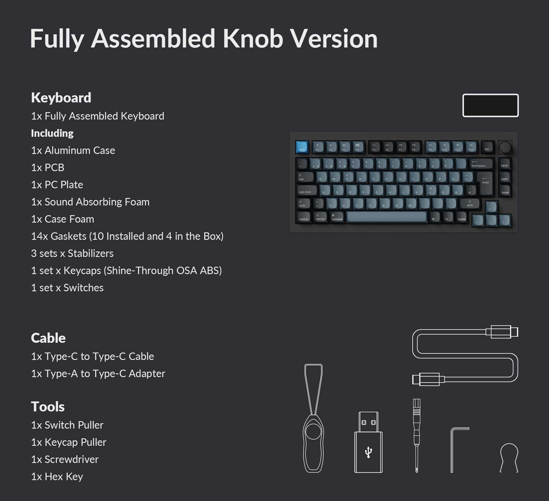 Package list of the Keychron Q1 Pro ISO fully assembled knob version