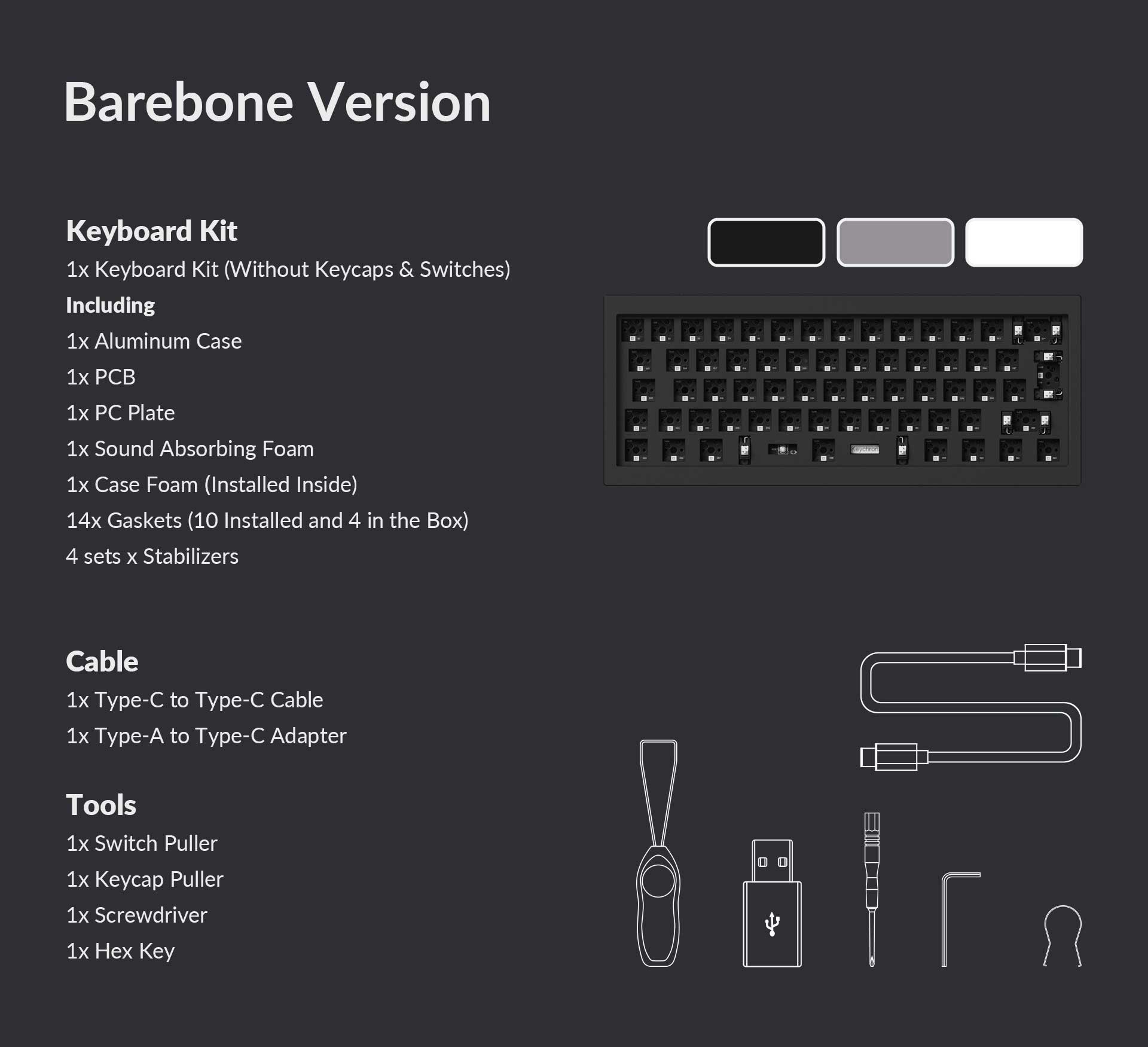 Package list of the Keychron Q4 Pro QMK/VIA 60% layout wireless custom mechanical keyboard barebone version