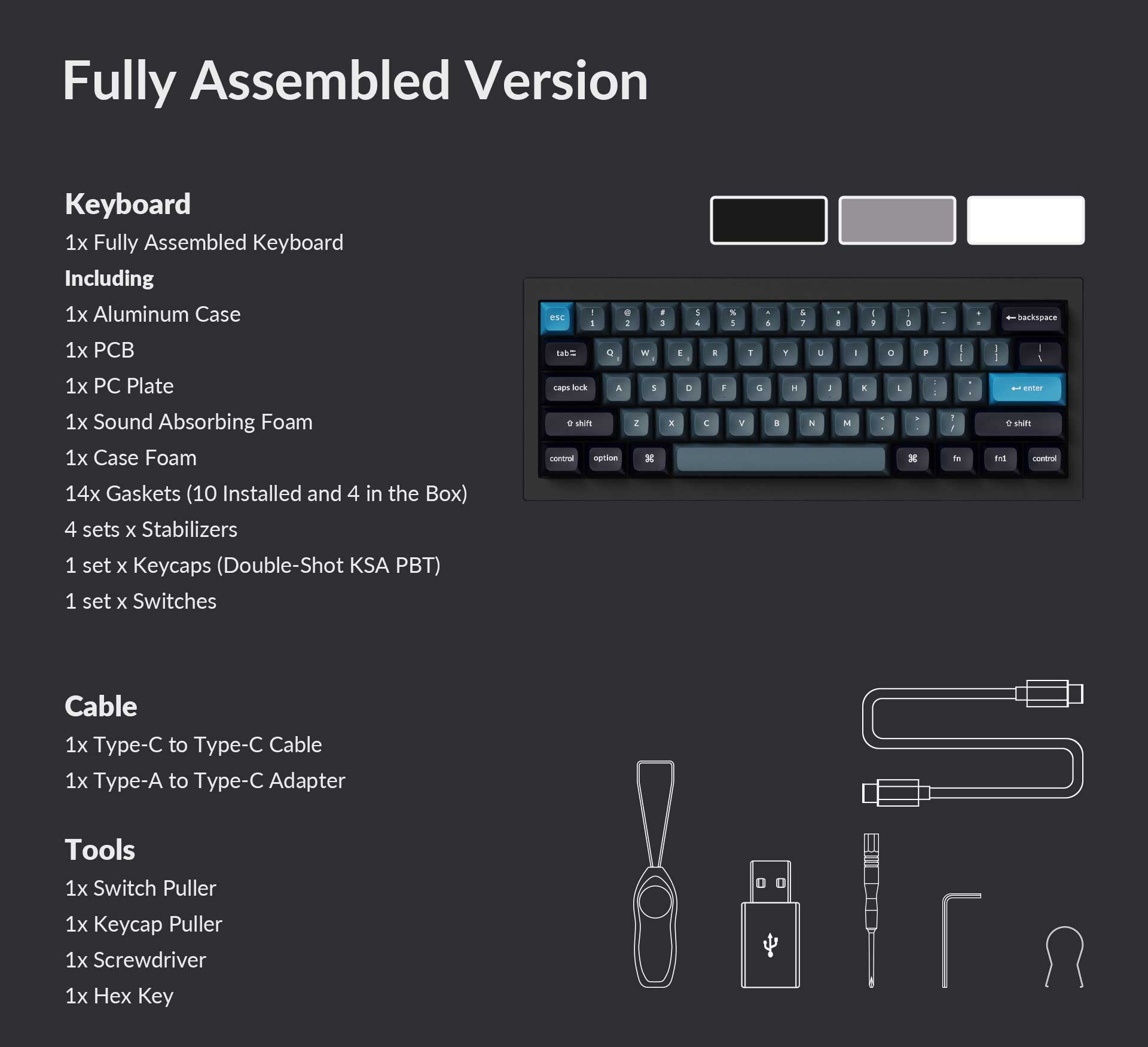 Package list of the Keychron Q4 Pro QMK/VIA 60% layout wireless custom mechanical keyboard fully assembled version